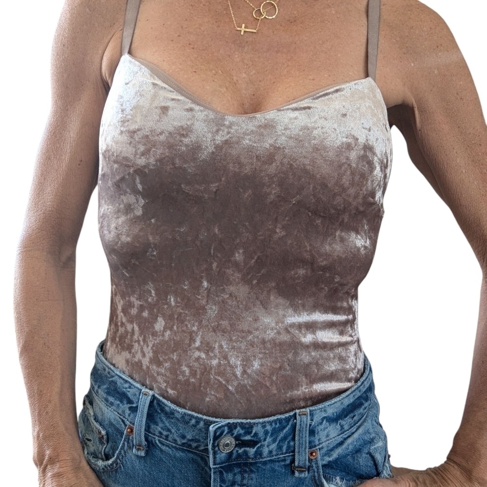JLUXLABEL crushed velvet bodysuit in a soft taupe/mushroom neutral.